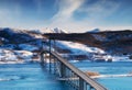 Bridge at the day time. Road and trasport. Natural landscape in the Lofoten islands, Norway. Royalty Free Stock Photo