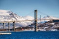 Bridge at the day time. Road and trasport. Natural landscape in the Lofoten islands, Norway. Royalty Free Stock Photo