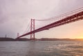 Bridge 25 De Abril And Christ The King Monument In Lisbon During Sunset