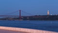 Bridge 25 de Abril on river Tagus at twilight, Lisbon, Portugal timelapse