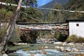 Bridge Draped in Prayer Flags Over Mountain Stream in Bhutan Royalty Free Stock Photo