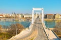 Bridge Erzsebet pedestrian road wide road to the center of Budapest panoramic view of the city background. Hungary Budapest March Royalty Free Stock Photo