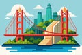 A bridge extends over a body of water towards a city skyline in the background, San francisco bridge Customizable Flat Royalty Free Stock Photo