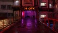 Bridge in a futuristic dystopian city on a wet night. Cyberpunk concept 3D rendering