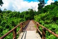 The bridge goes into the forest.