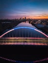 a bridge that has been lit up in blue and red: Sunset by the Lowry avenue bridge in Minneapolis, MN Royalty Free Stock Photo