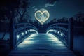 Bridge With Heart Shaped Light, Symbol of Love Illuminates Urban Landscape, A moonlit bridge with heart-shaped lights casting