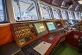 The bridge helm dashbord of the Greenpeace Raimbow Worrior boat.