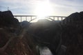 Bridge at the Hoover Dam at sunset over Colorado Lake