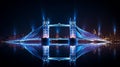 Bridge illuminated by blue-colored lights, with a shimmering reflection, AI-generated. Royalty Free Stock Photo