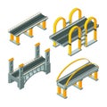 Bridge isometric. City expressway roadway cabling urban auto infrastructure viaduct 3d vector low poly collection