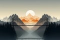 Bridge joining two mountains, reflected in a river and the sunset over the clouds in the background. Conceptual illustration