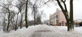 Bridge leading to the Peter and Paul Cathedral and chapel-tomb of Paskevich in city park in Gomel, Belarus. Winter