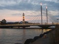 Bridge and Lighthouse in Malmo seen at night. Malmo, Sweden Royalty Free Stock Photo