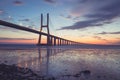 Bridge Lisbon at sunrise, Vasco da Gamma Royalty Free Stock Photo