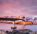 Bridge on the Lofoten islands, Norway. Beautiful natural landscape during sunrise. Royalty Free Stock Photo