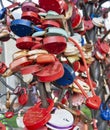 Bridge of love with multi-colored padlocks of the newlyweds Royalty Free Stock Photo