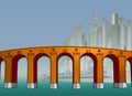 The bridge in the mega city. Cartoon style. Poster. Background. Royalty Free Stock Photo