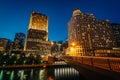 Bridge and modern buildings along the Chicago River at night, in Chicago, Illinois Royalty Free Stock Photo