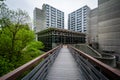 Bridge and modern buildings at Towson University, in Towson, Mar Royalty Free Stock Photo