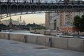 Bridge, Moskva River with pleasure boats, towers of the Moscow Kremlin and orthodox temple Royalty Free Stock Photo