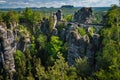 Bridge named Bastei in Saxon Switzerland, at sunrise and the mist over the river Elbe, National park Saxon Switzerland Royalty Free Stock Photo