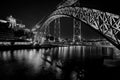 The bridge of the old city of Porto. The streets of Porto at night. Portugal. Black and white Royalty Free Stock Photo