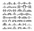 Bridge outline icons vector set. Pylons steel beams overpass viaduct arch transition engineering structures, elements