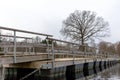 A bridge over a body of water with a large tree in the background Royalty Free Stock Photo