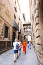 Bridge over the Carrer del Bisbe by Joan Rubio. Barcelona city, Catalonia in Spain Royalty Free Stock Photo