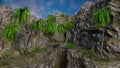 Bridge over a chasm leading to a fantasy medieval cave entrance built into a mountain. 3D render Royalty Free Stock Photo