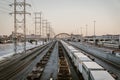 Bridge over an empty railroad in the city of Los Angeles at golden sunset, CA, USA