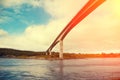 Bridge over fjord at sunset Royalty Free Stock Photo