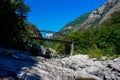 Bridge over Maggia river shot from riverbed Royalty Free Stock Photo