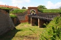 Bridge over the moat in the Petrovaradin Fortress, Petrovaradin, Novi Sad, Serbia. Wooden fortifications. Hills