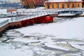 Bridge over the partially frozen Moscow river in winter Royalty Free Stock Photo