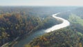 Bridge over the river, Autumn Forest Sigulda city nature, Gauya, 4K drone flight, bridge car drive from above