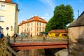 Bridge over a river channel in Prague. Europe architecture