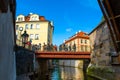 Bridge over a river channel in Prague. Europe architecture
