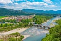 Bridge over river Cinco in Spanish village Ainsa Royalty Free Stock Photo