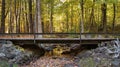 Bridge over river crossing trough the forest during the beginning of the autumn fall season in Massachusetts, New England Royalty Free Stock Photo