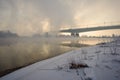 Bridge over the river in a fog Royalty Free Stock Photo