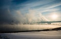 Bridge over the river in a fog Royalty Free Stock Photo