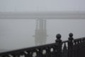 Bridge over the river in the fog. Lonely man under the bridgeÃÂ¼ Royalty Free Stock Photo