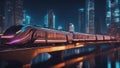 bridge over river A futuristic fuel train on a metal bridge over a city. The train has sleek and shiny tanks that are neon lights Royalty Free Stock Photo