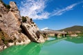 Bridge over River Gallego, province Aragon, Spain.Reservoir Rena