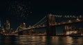 Iconic Brooklyn Bridge and Manhattan Skyline at Night with Festive Lights Royalty Free Stock Photo