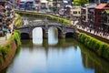 A bridge over a river, Nagasaki, city center.. Generative AI image.