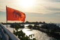 Bridge over river, sea morning sun rise, boat, elephant flag Thailand Royalty Free Stock Photo