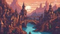 bridge over the river at sunset anime A pixel art illustration of a fantasy cityscape at dawn with castles, castle Royalty Free Stock Photo